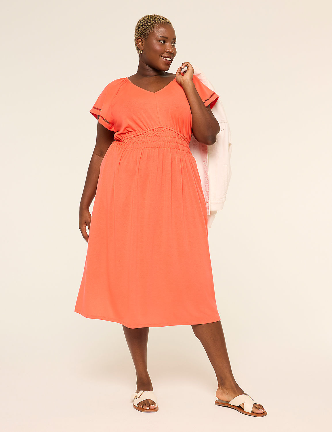 Short-Sleeve V-Neck Smocked Waist Midi Dress Product Image 1
