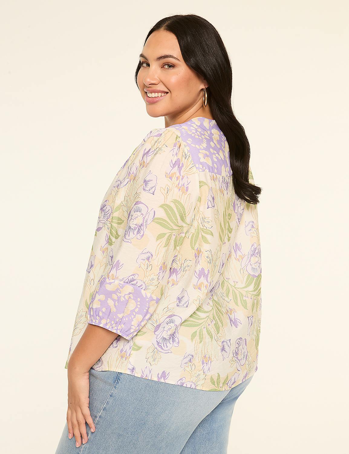 3/4-Sleeve Split-Neck Lace-Up Blouse Product Image 2