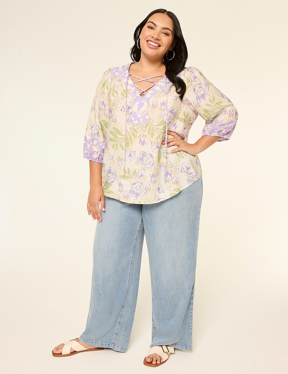 3/4-Sleeve Split-Neck Lace-Up Blouse Product Image 3