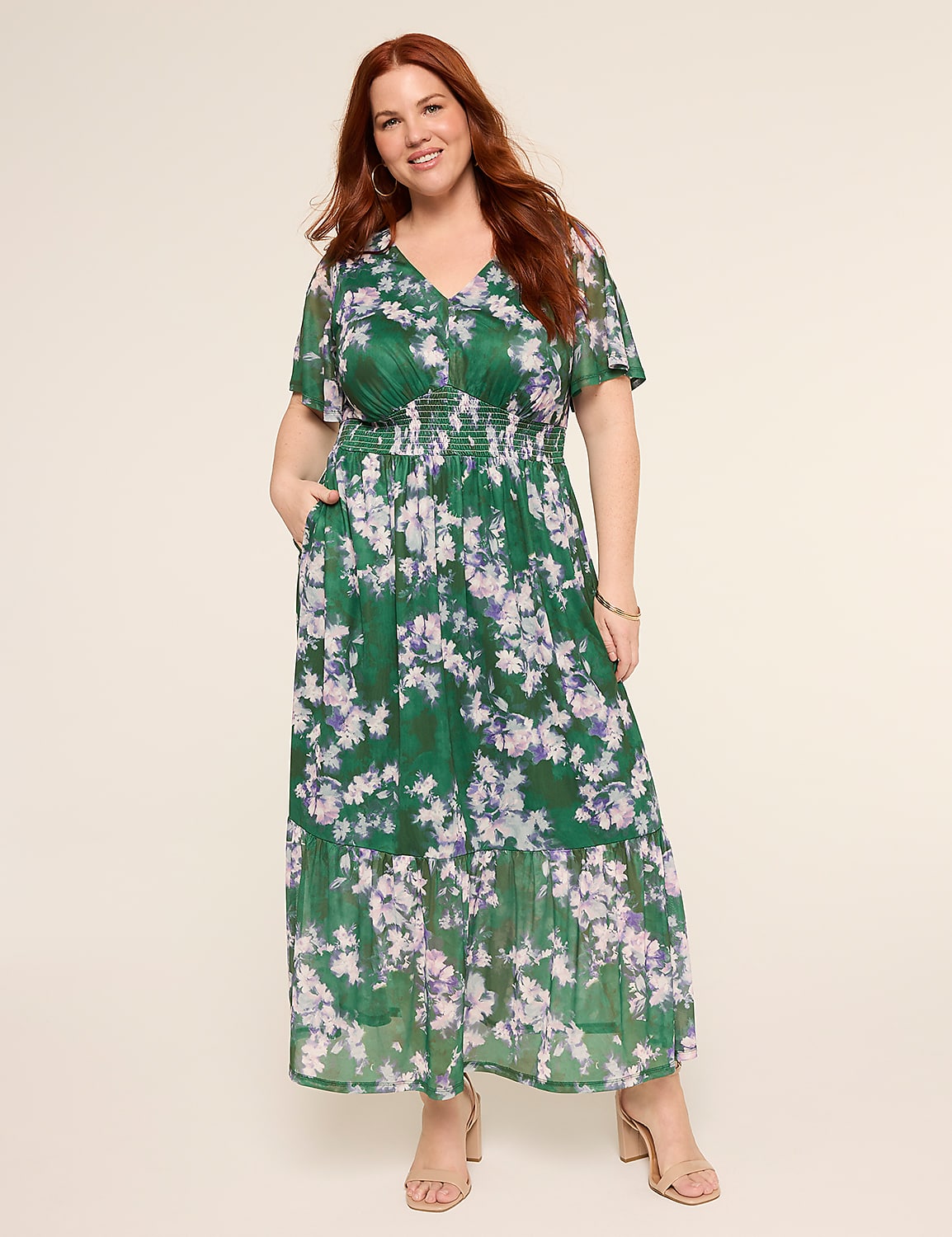 Short-Sleeve V-Neck Smocked Maxi Dress Product Image 1