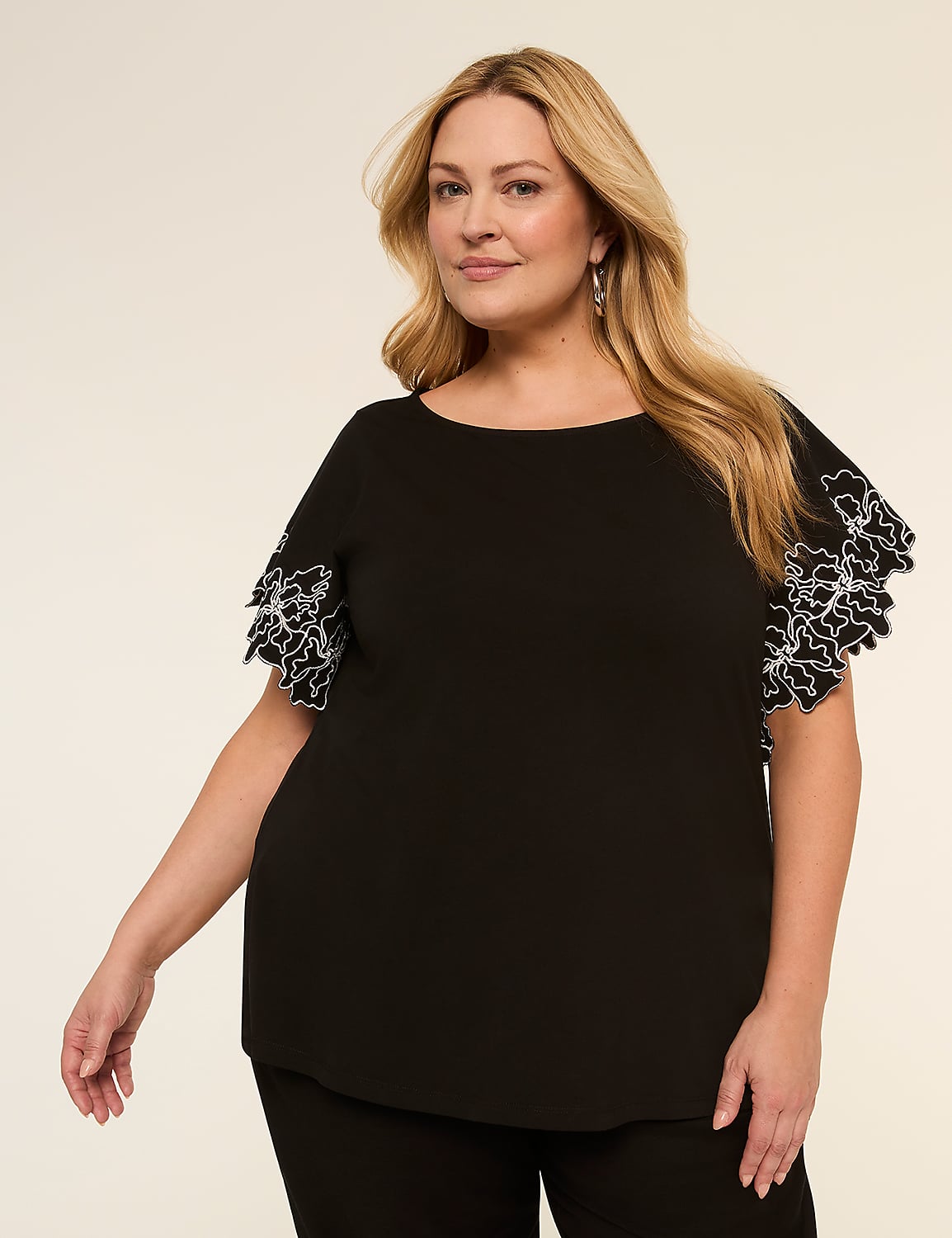 Embroidered Short-Sleeve Boat-Neck Top Product Image 1
