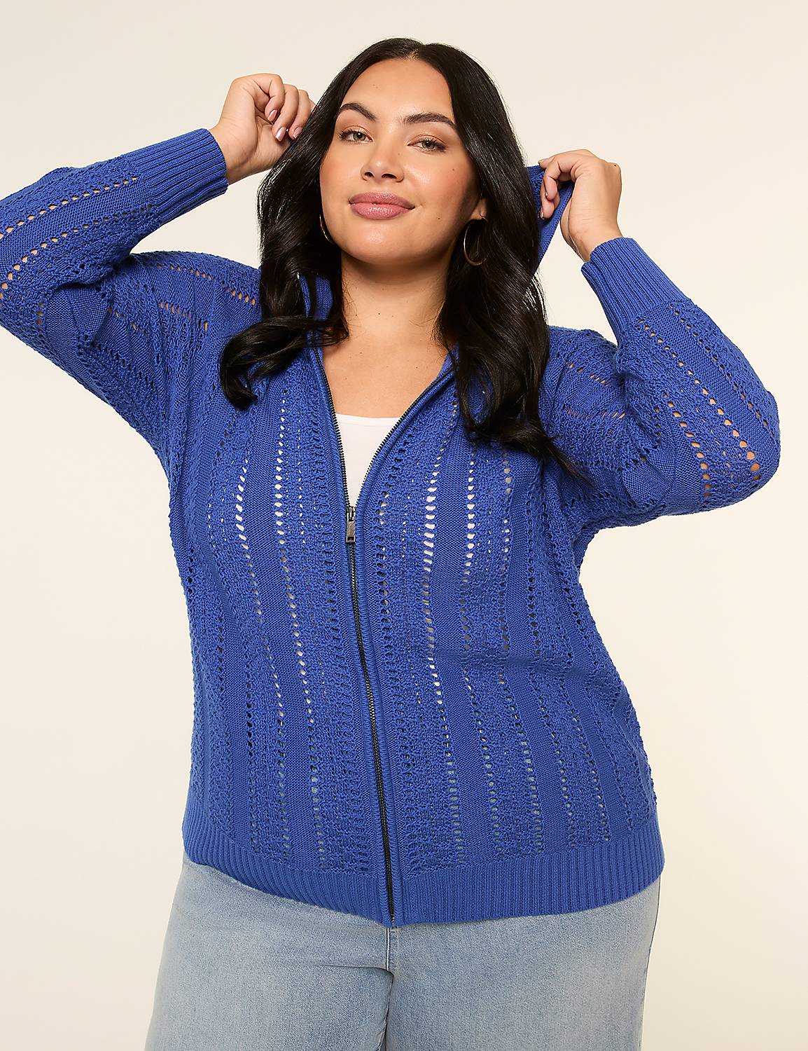 Zip-Front Pointelle-Stitch Sweater Product Image 1