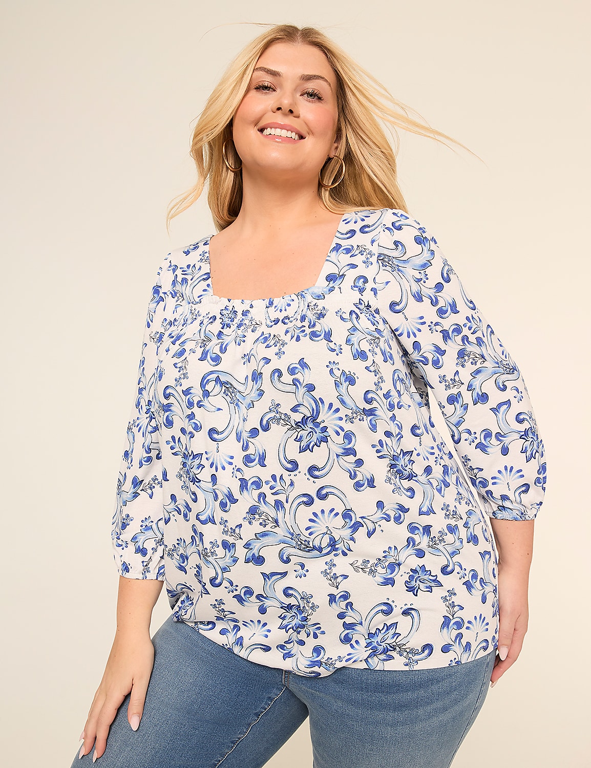3/4 Blouson-Sleeve Smocked Square-Neck Blouse Product Image 1