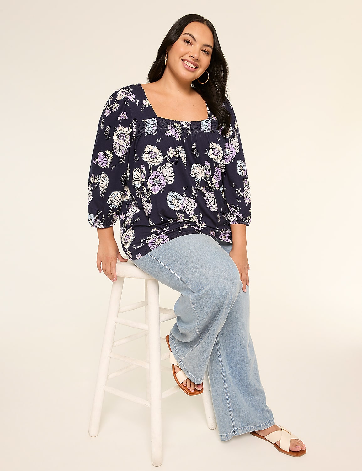 3/4 Blouson-Sleeve Smocked Square-Neck Blouse Product Image 3