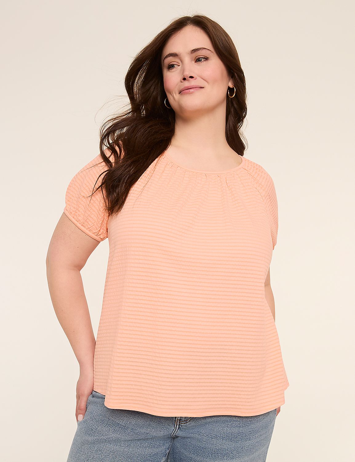 Crew-Neck Puff-Sleeve Textured Top Product Image 1