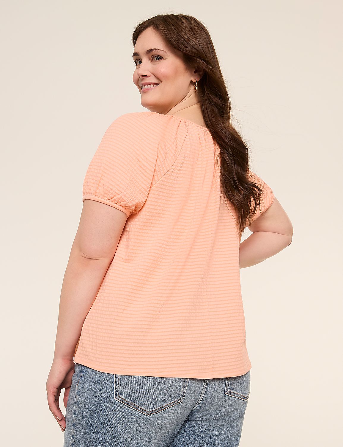 Crew-Neck Puff-Sleeve Textured Top Product Image 2