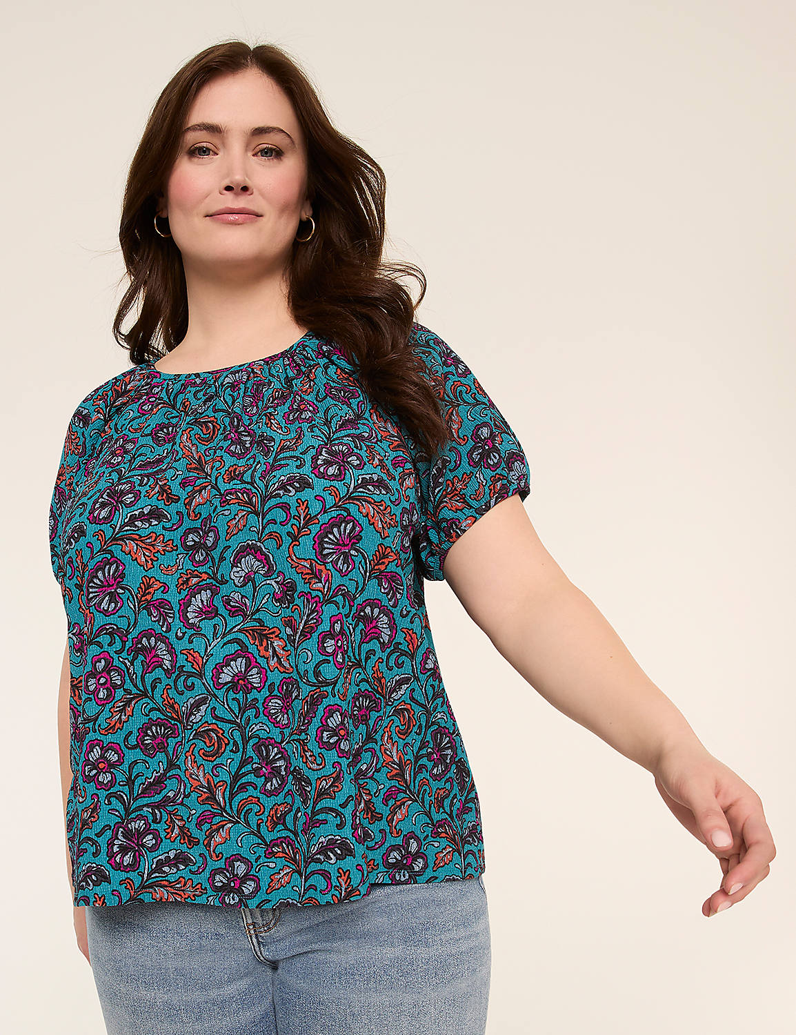 Crew-Neck Puff-Sleeve Crinkle Top Product Image 1