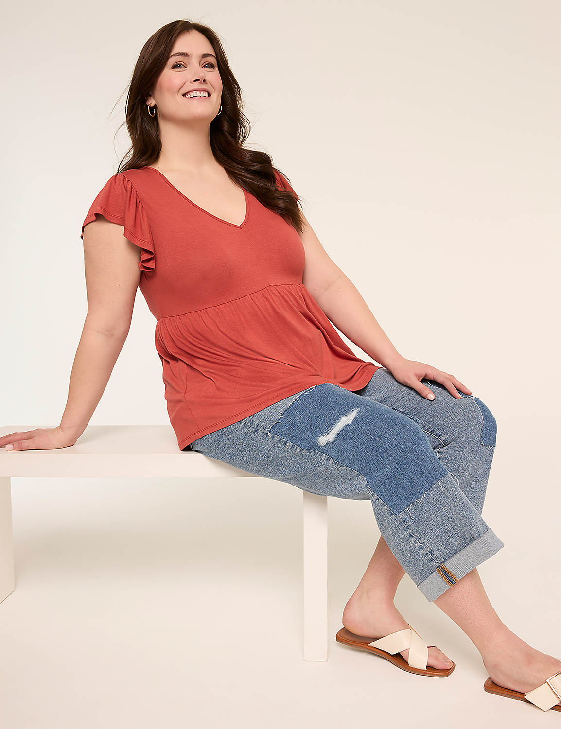 V-Neck Flutter-Sleeve Babydoll Top Product Image 3