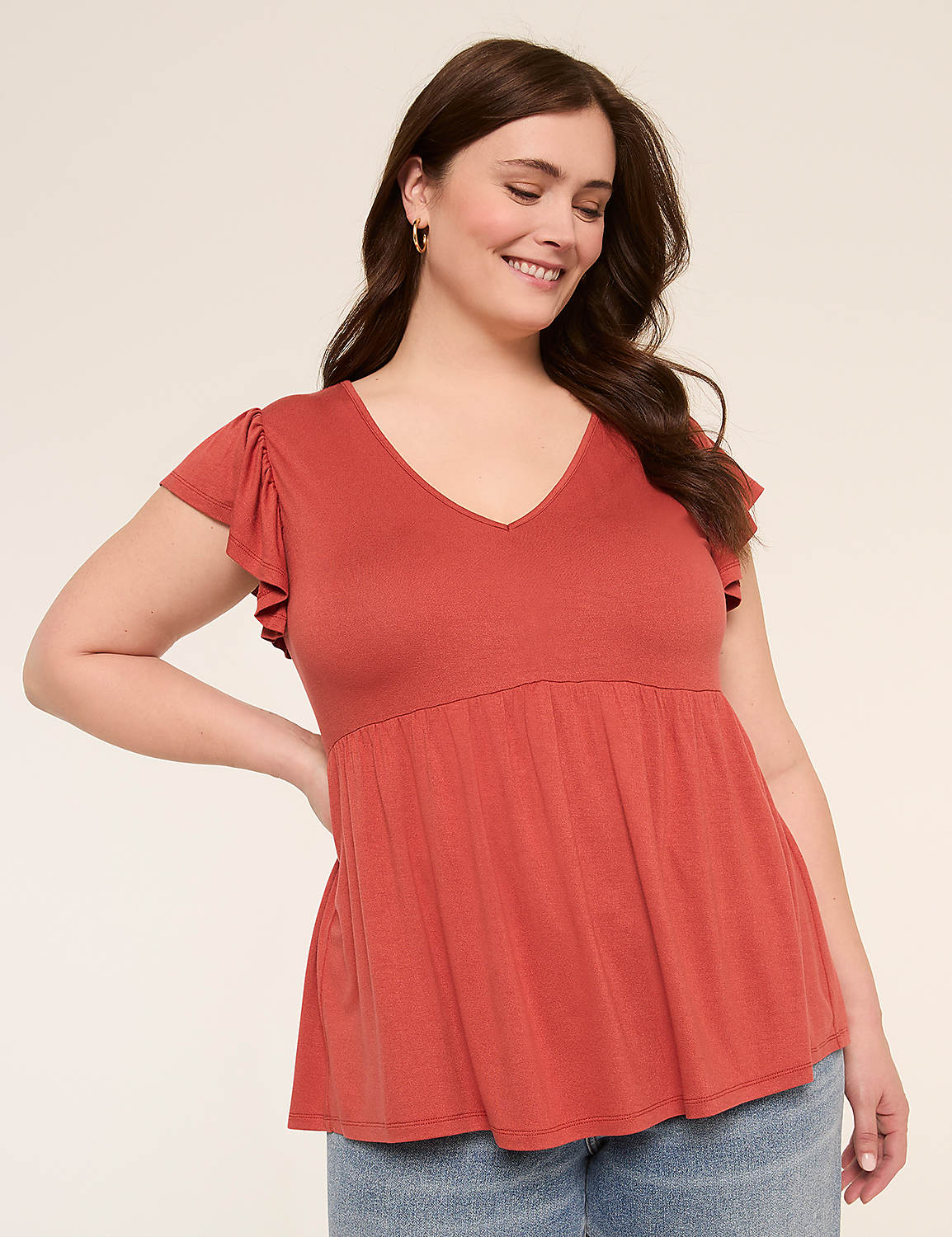 V-Neck Flutter-Sleeve Babydoll Top Product Image 1