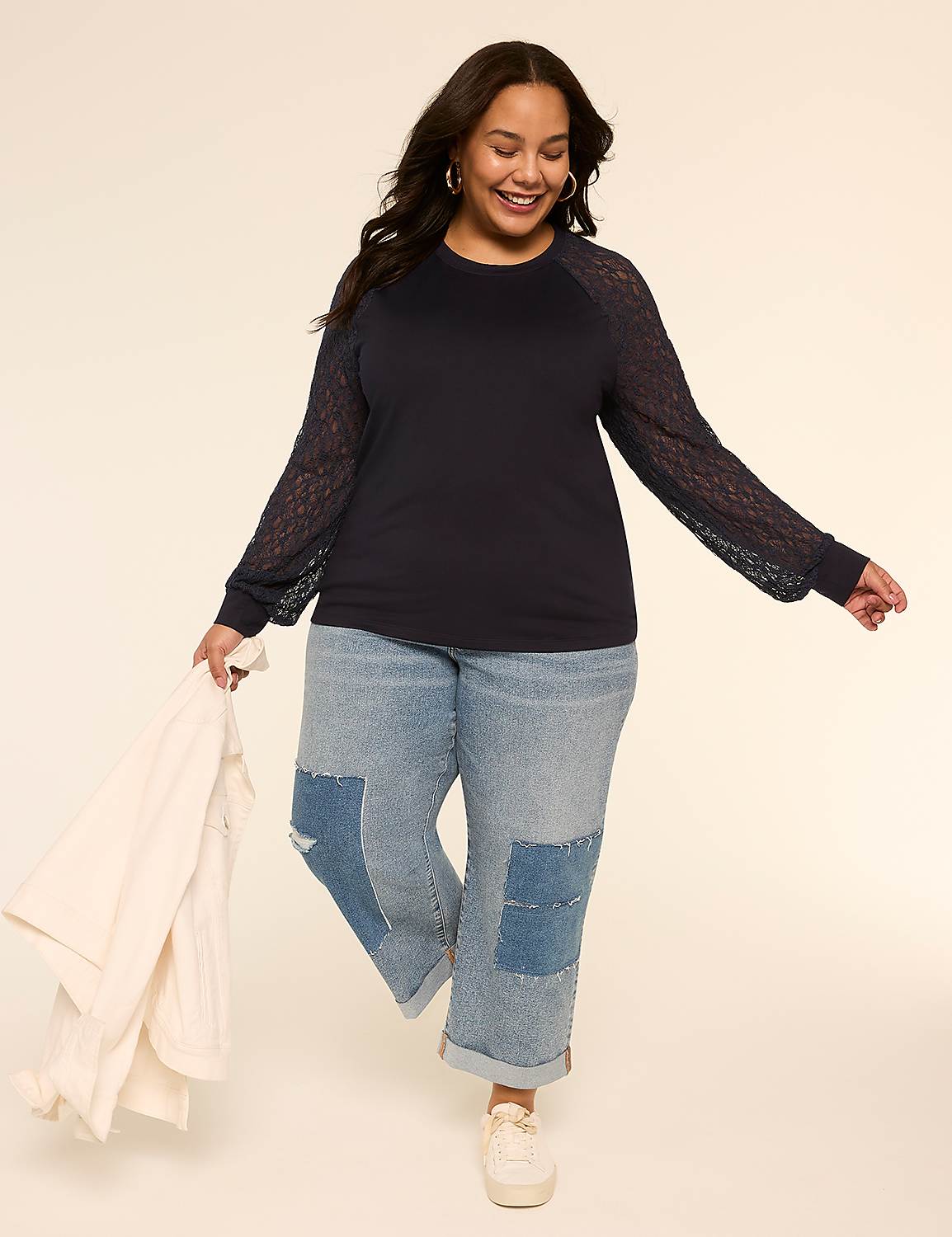 Lace Long-Sleeve Crew-Neck Top Product Image 3