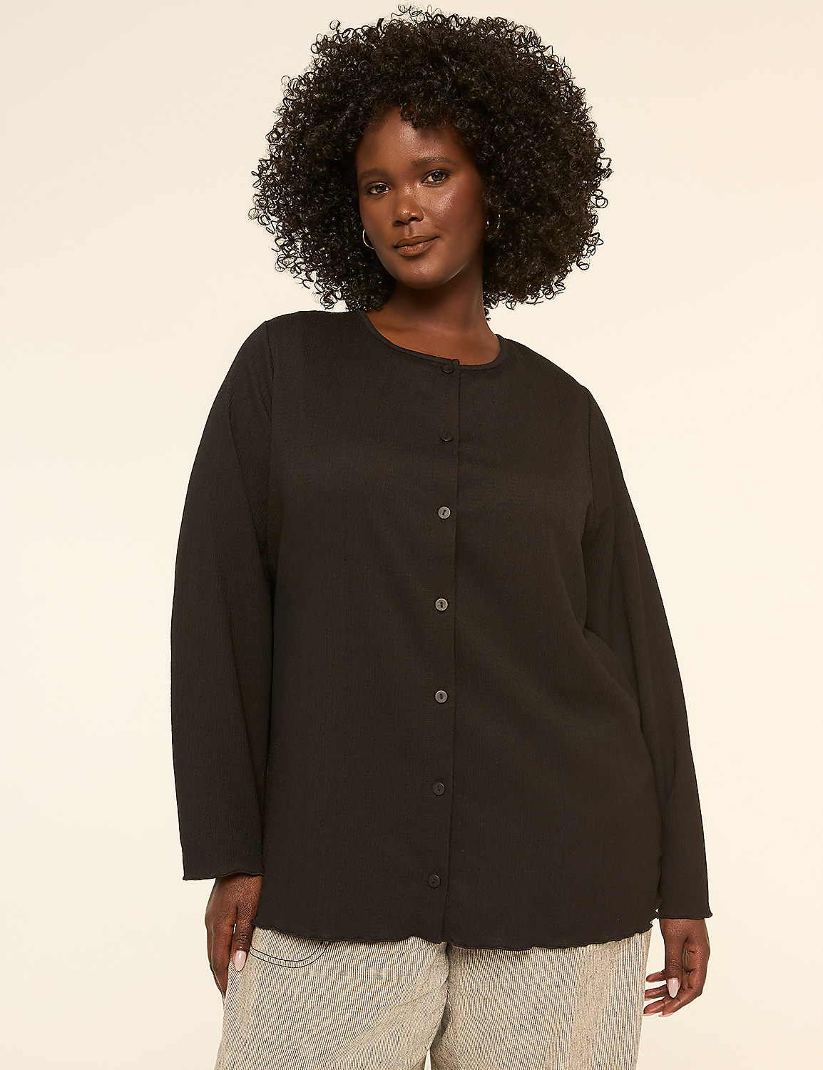 Crinkle Crew-Neck Button-Front Cardigan Product Image 1