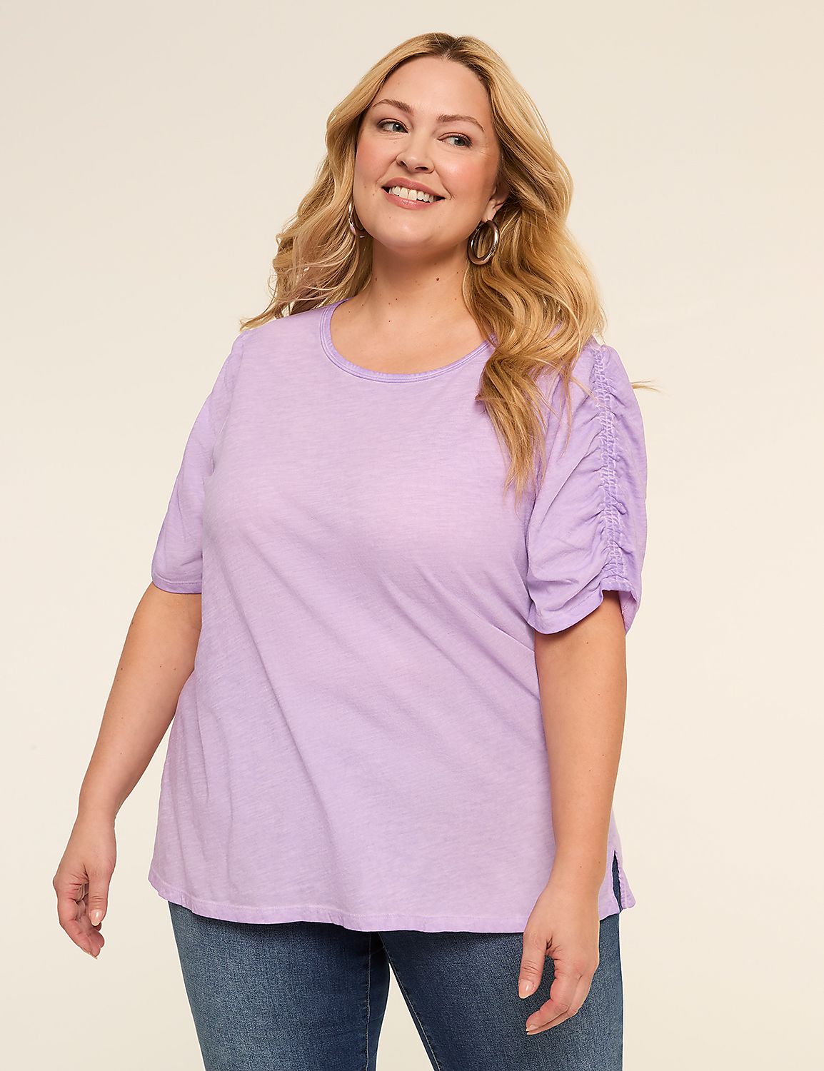 Ruched-Sleeve Crew-Neck Top Product Image 1
