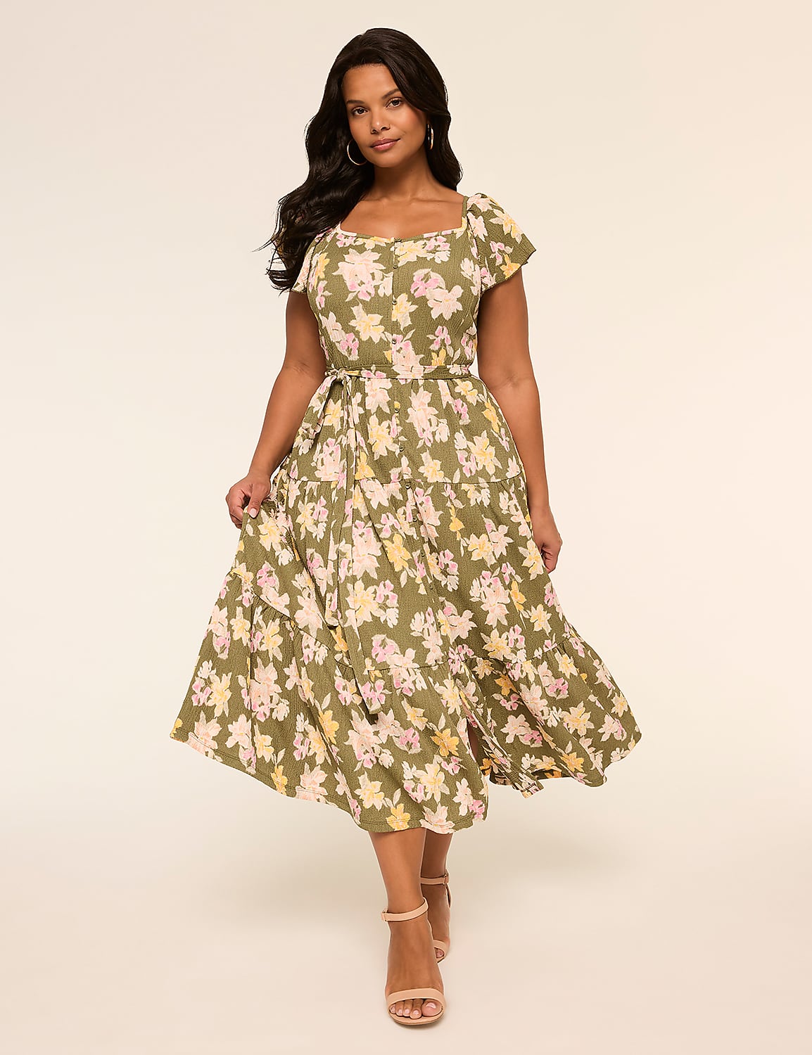 Short-Sleeve Ruffle Tie Waist Midi Dress Product Image 1