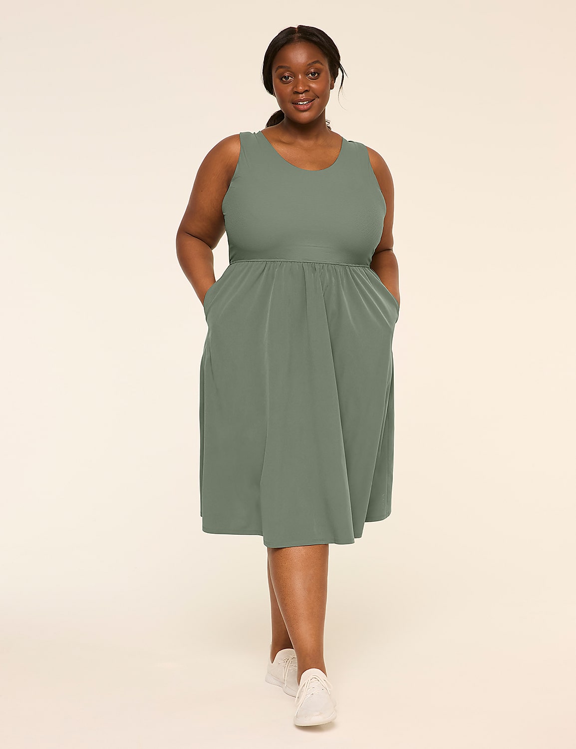 LIVI Sleeveless Rib-Mix Midi Dress Product Image 1