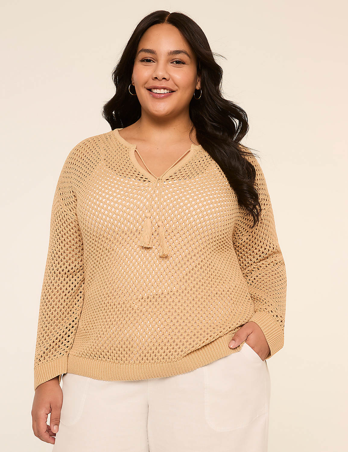 Tassel-Tie Open-Stitch Sweater Tunic Product Image 1