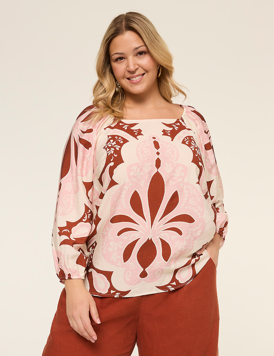 Bracelet-Sleeve Square-Neck Popover Blouse Product Image 1