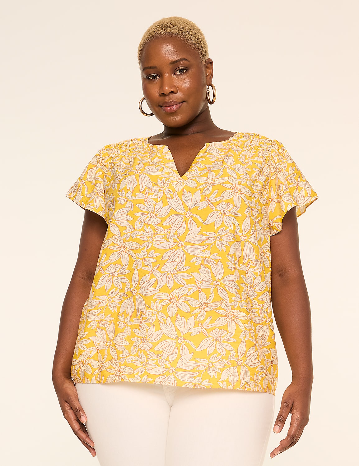 Flutter-Sleeve Notch-Neck Popover Blouse Product Image 1