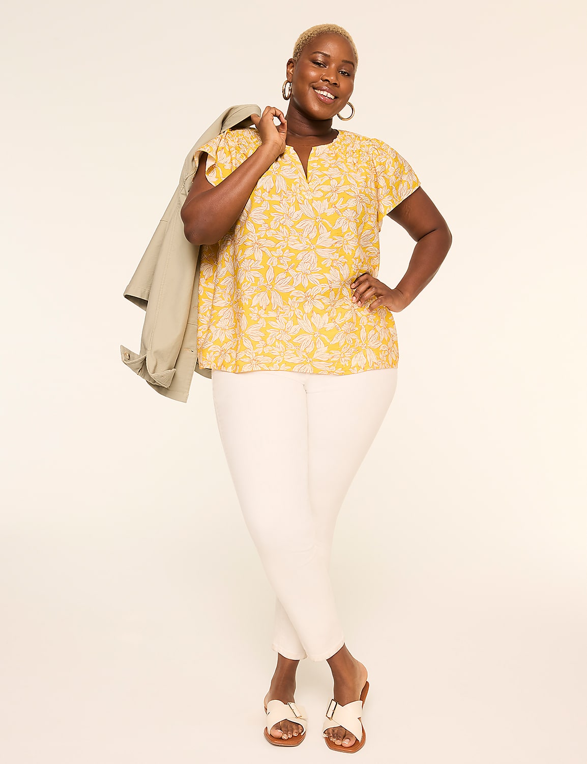 Flutter-Sleeve Notch-Neck Popover Blouse Product Image 3