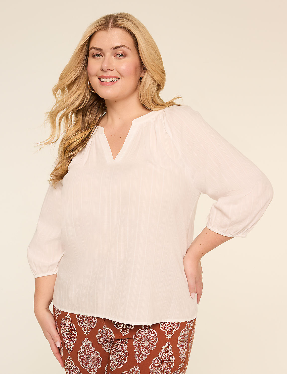 Notch-Neck Elbow-Sleeve Blouse Product Image 1