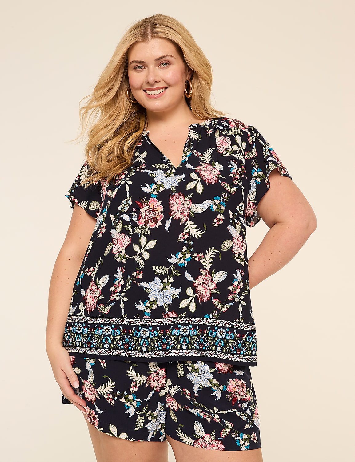 Flutter-Sleeve Split-Neck Popover Blouse Product Image 1