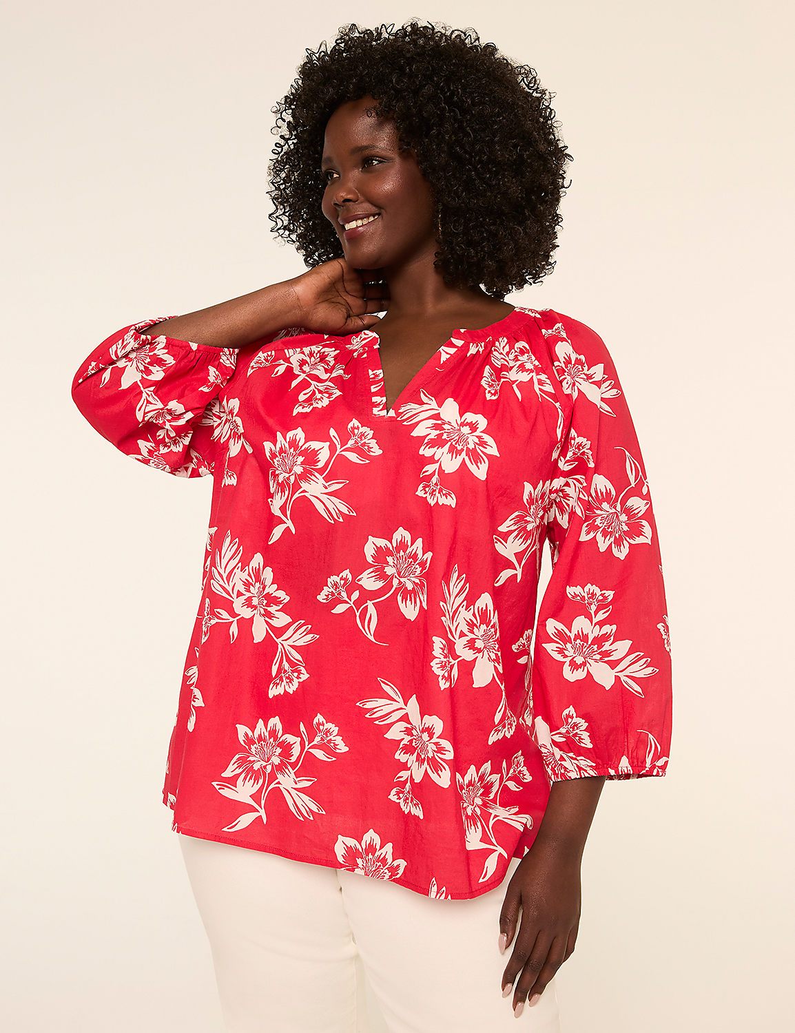 Notch-Neck Elbow-Sleeve Blouse Product Image 1