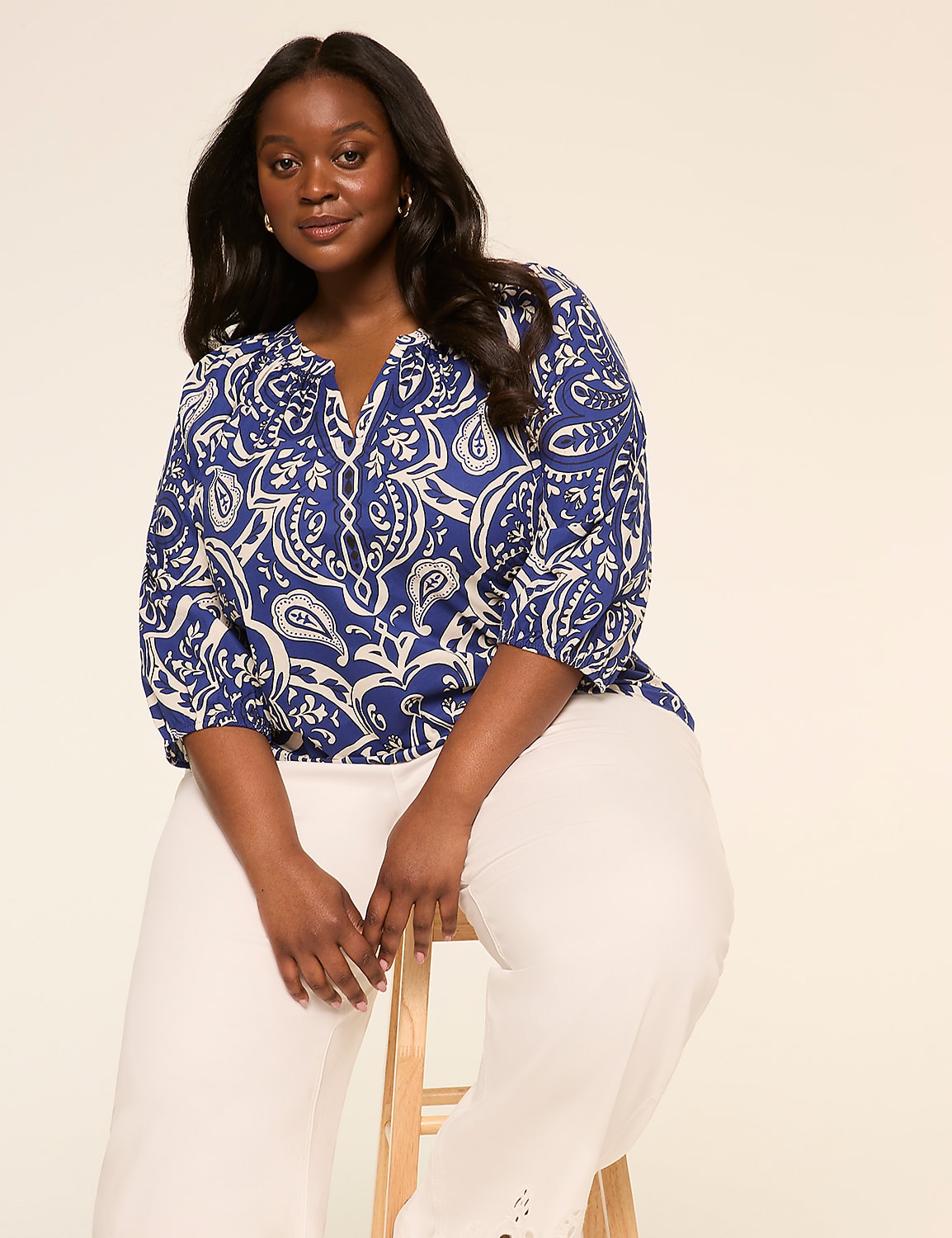 Notch-Neck Elbow-Sleeve Blouse Product Image 3