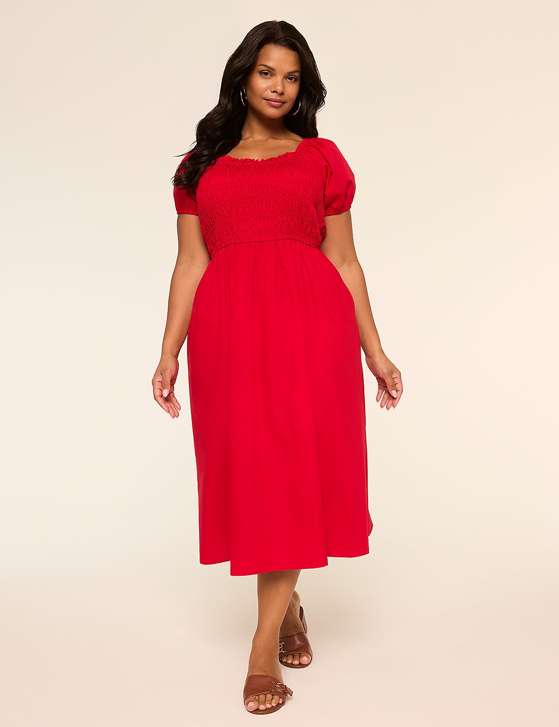 Puff-Sleeve Smocked-Bodice Midi Dress Product Image 1