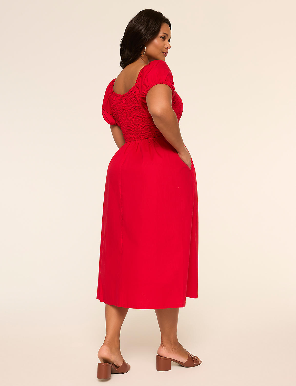 Puff-Sleeve Smocked-Bodice Midi Dress Product Image 2