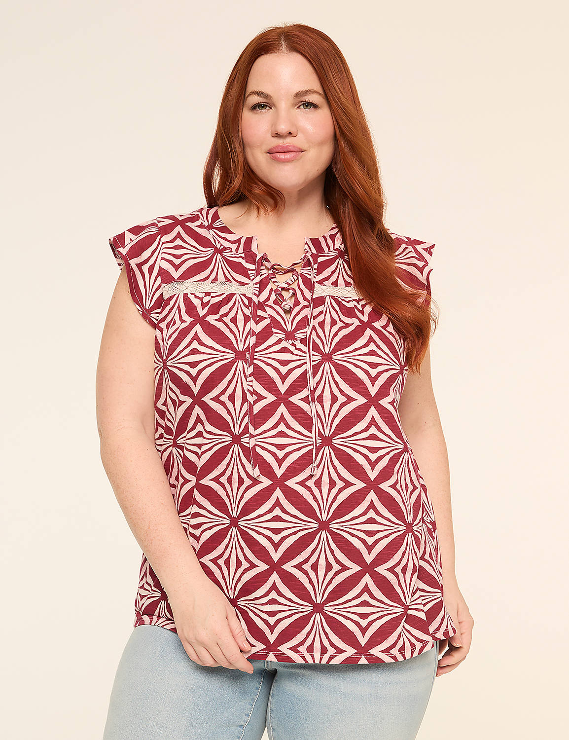 Flutter-Sleeve Lace-Up Eyelet-Yoke Top Product Image 1