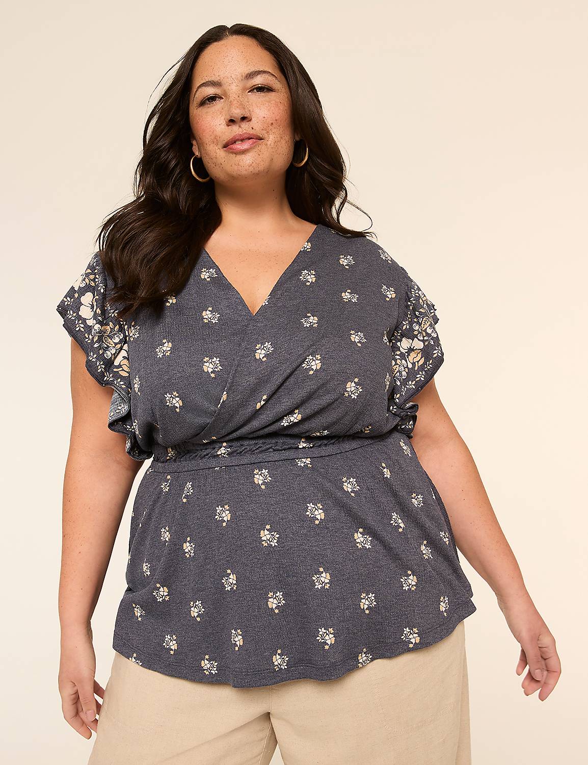 Double Flutter-Sleeve Faux-Wrap Peplum Top Product Image 1