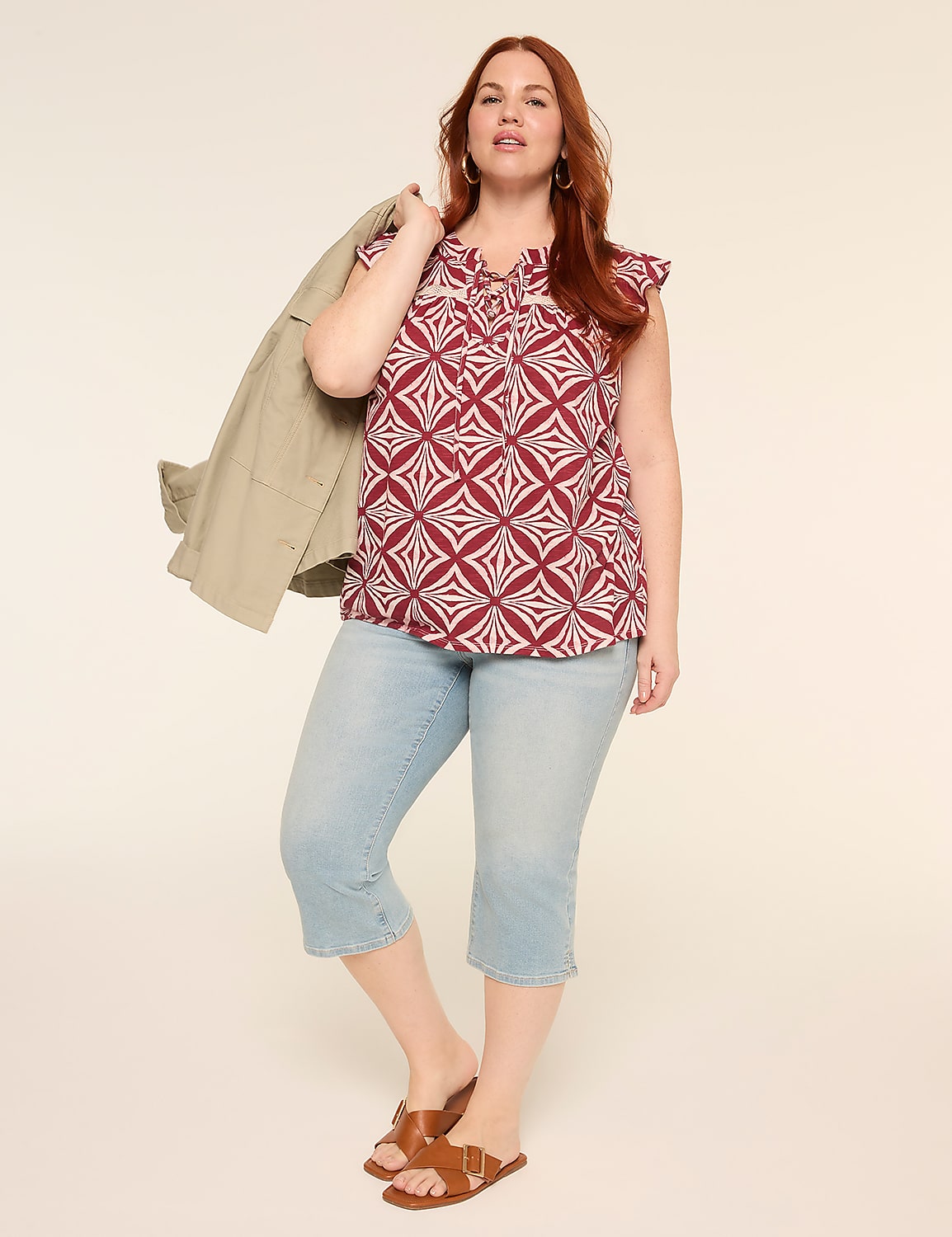 Flutter-Sleeve Lace-Up Eyelet-Yoke Top Product Image 3