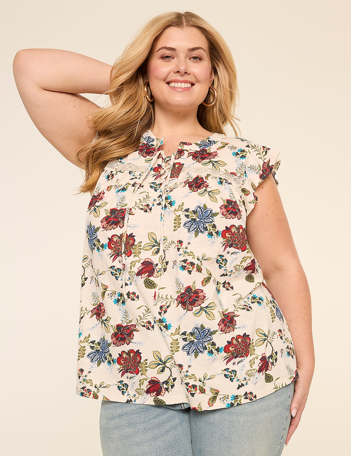Flutter-Sleeve Lace-Up Eyelet-Yoke Top Product Image 1