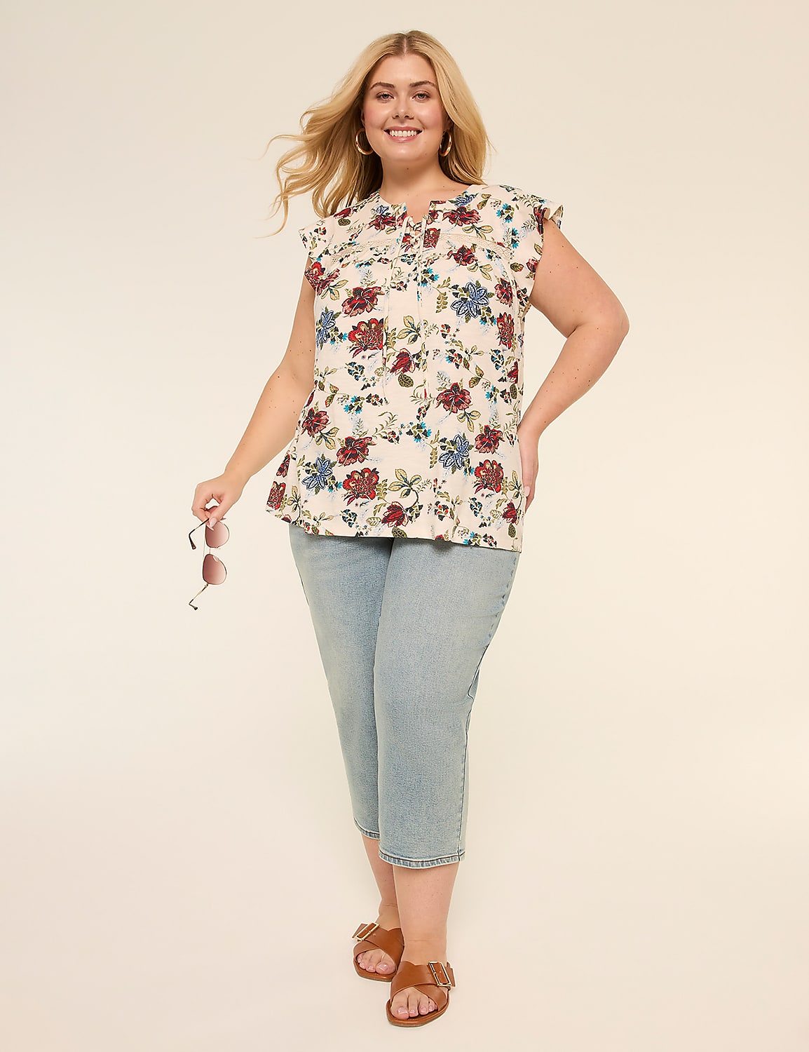 Flutter-Sleeve Lace-Up Eyelet-Yoke Top Product Image 3
