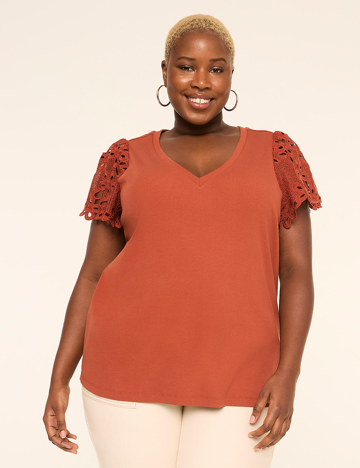 Crochet-Sleeve V-Neck Top Product Image 1