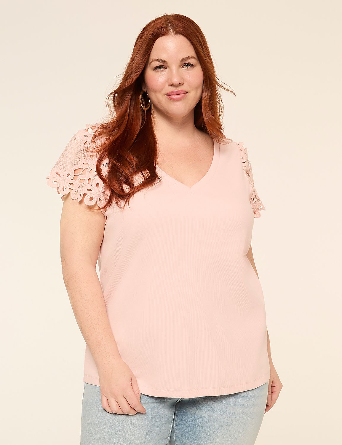 Crochet-Sleeve V-Neck Top Product Image 1