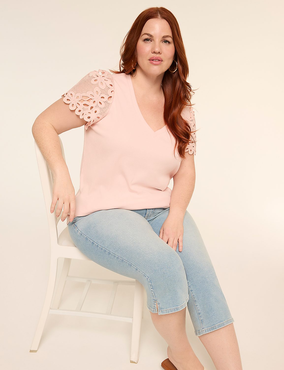 Crochet-Sleeve V-Neck Top Product Image 3