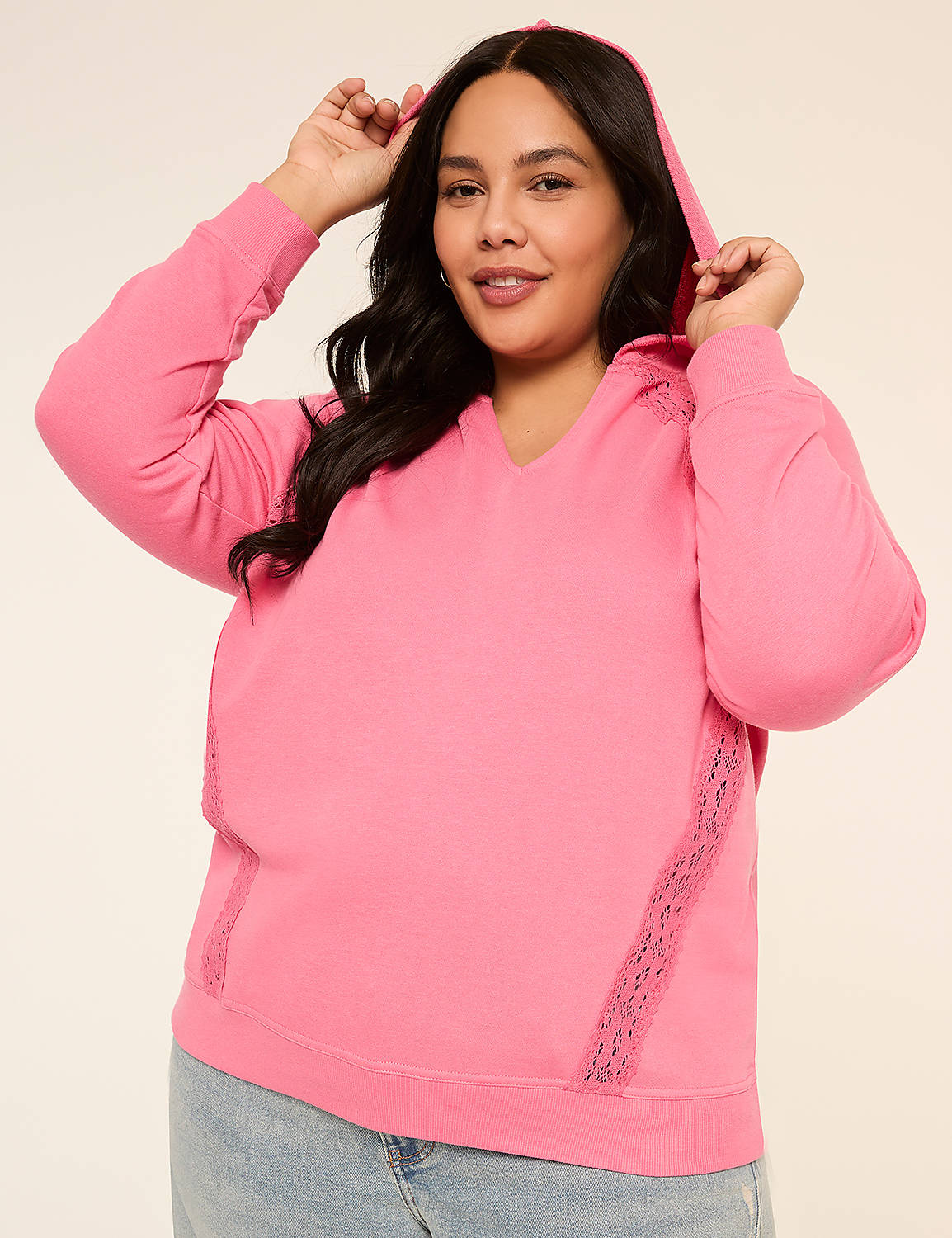 Notch-Neck Crochet-Trim Hoodie Product Image 1