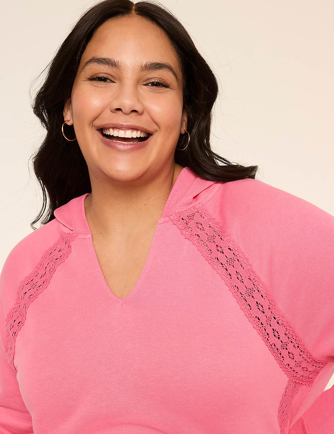 Notch-Neck Crochet-Trim Hoodie Product Image 4