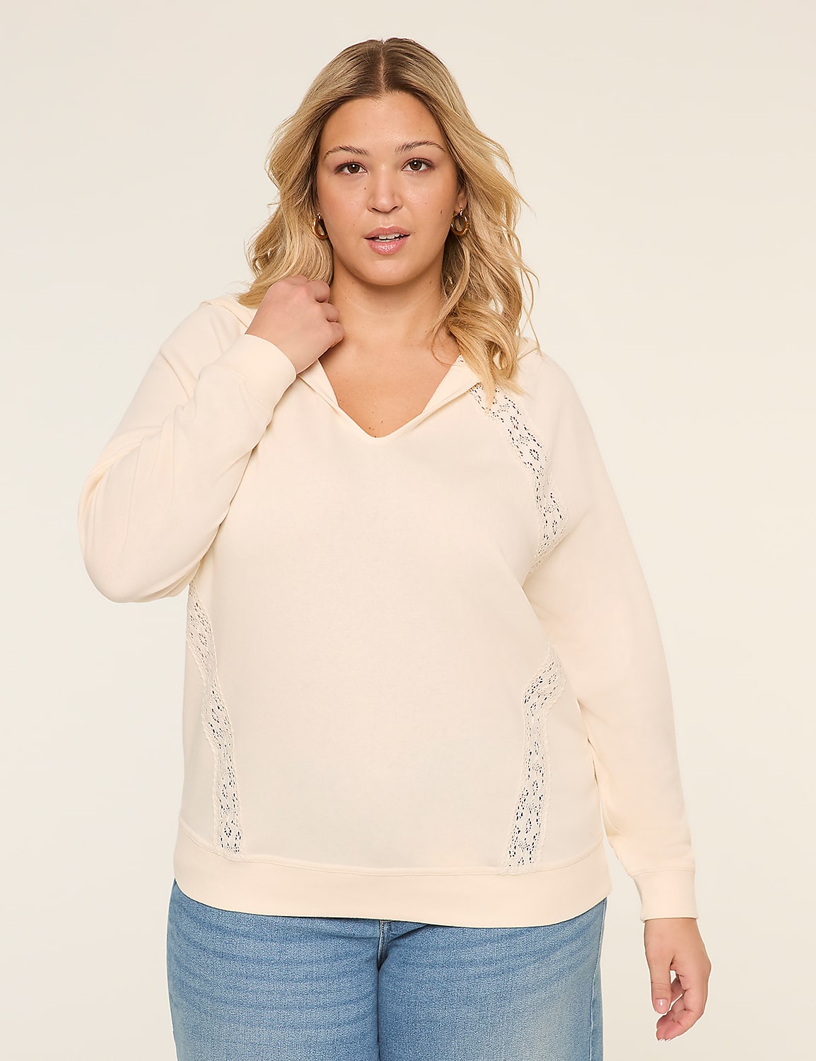 Notch-Neck Crochet-Trim Hoodie Product Image 1