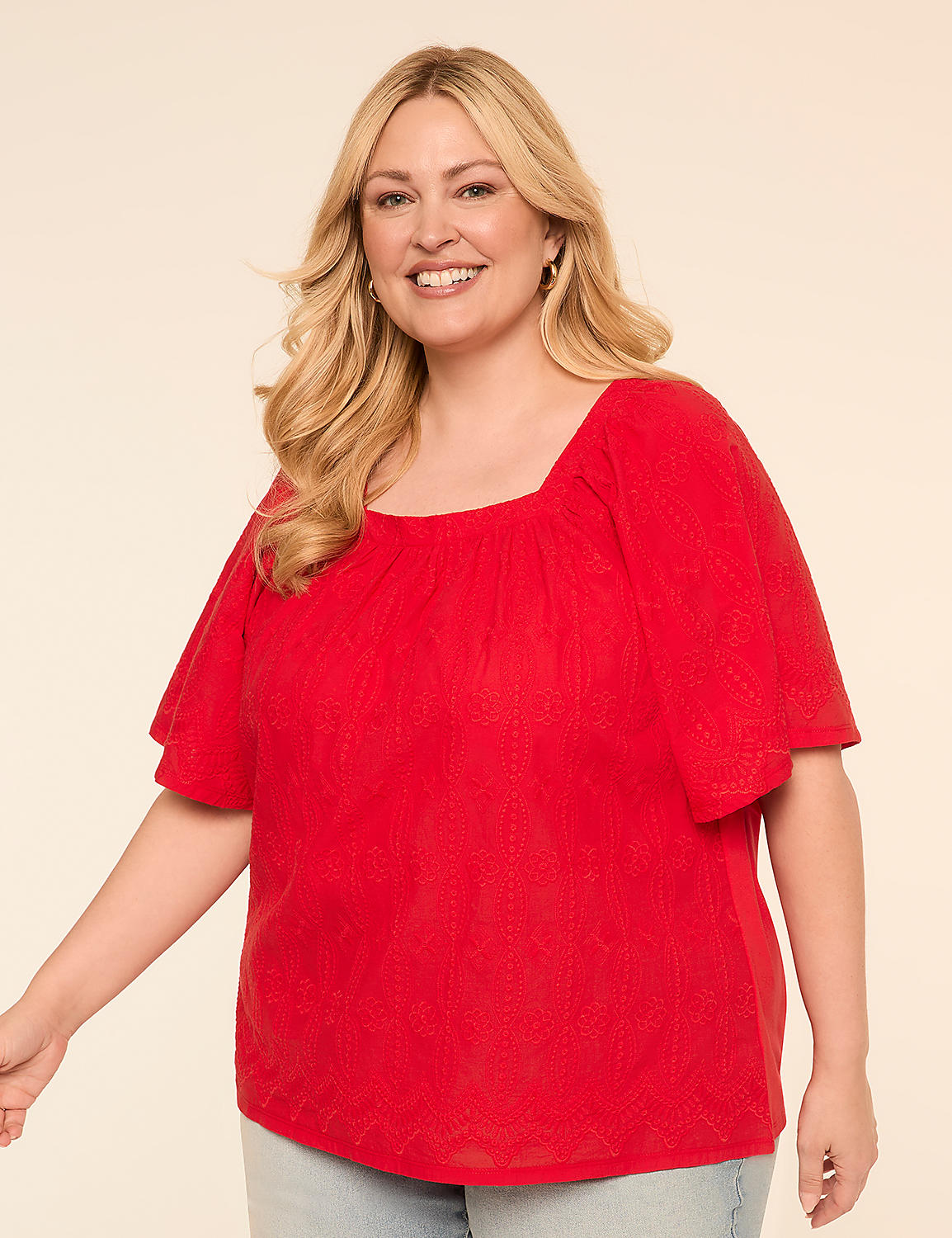 Short-Sleeve Square-Neck Eyelet Top Product Image 1
