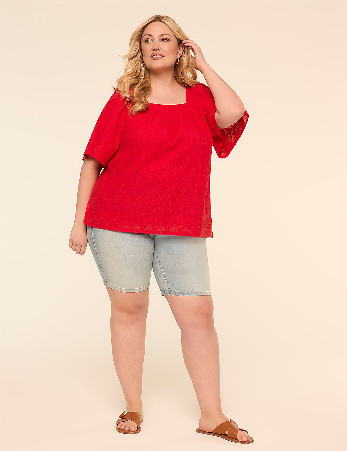 Short-Sleeve Square-Neck Eyelet Top Product Image 3