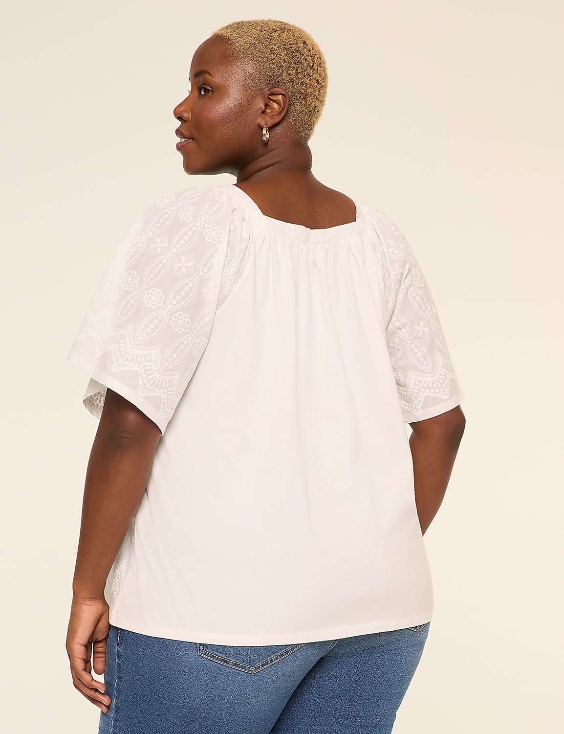 Short-Sleeve Square-Neck Eyelet Top Product Image 2