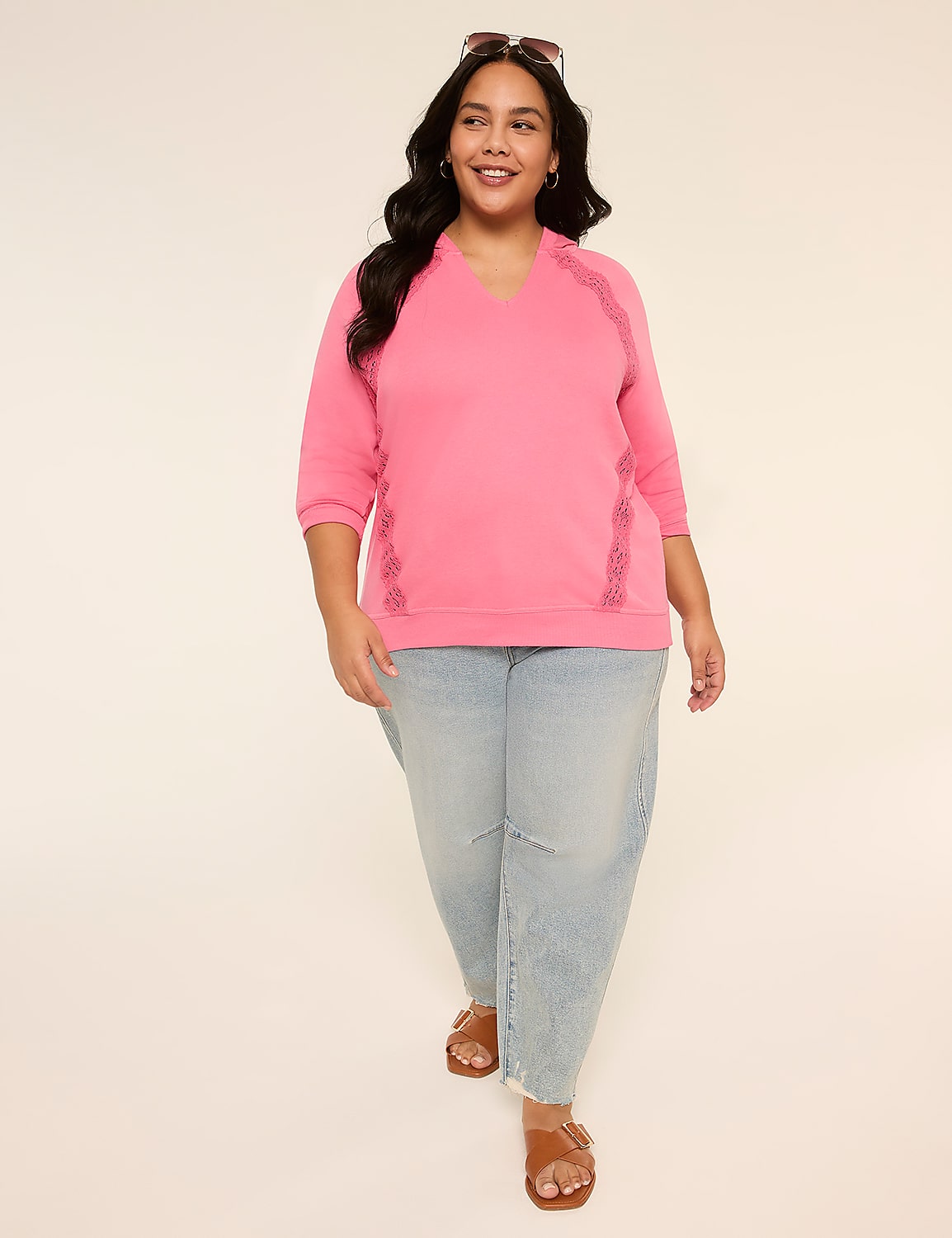 Notch-Neck Crochet-Trim Hoodie Product Image 3