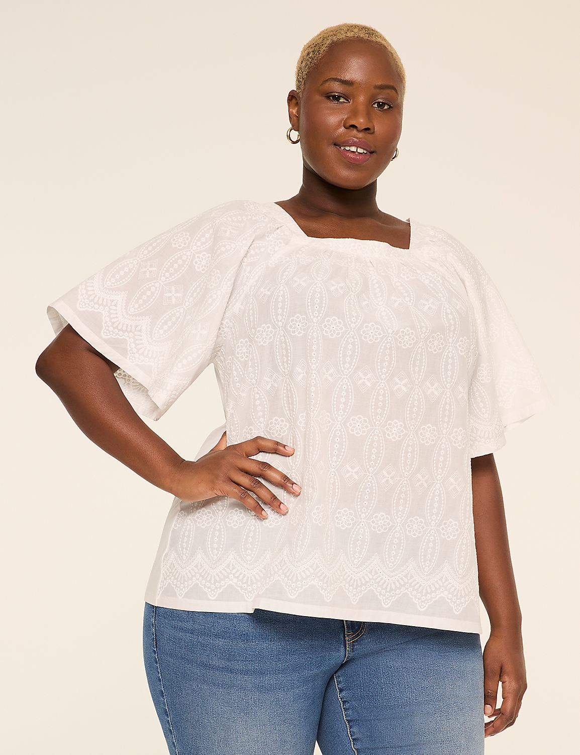 Short-Sleeve Square-Neck Eyelet Top Product Image 1