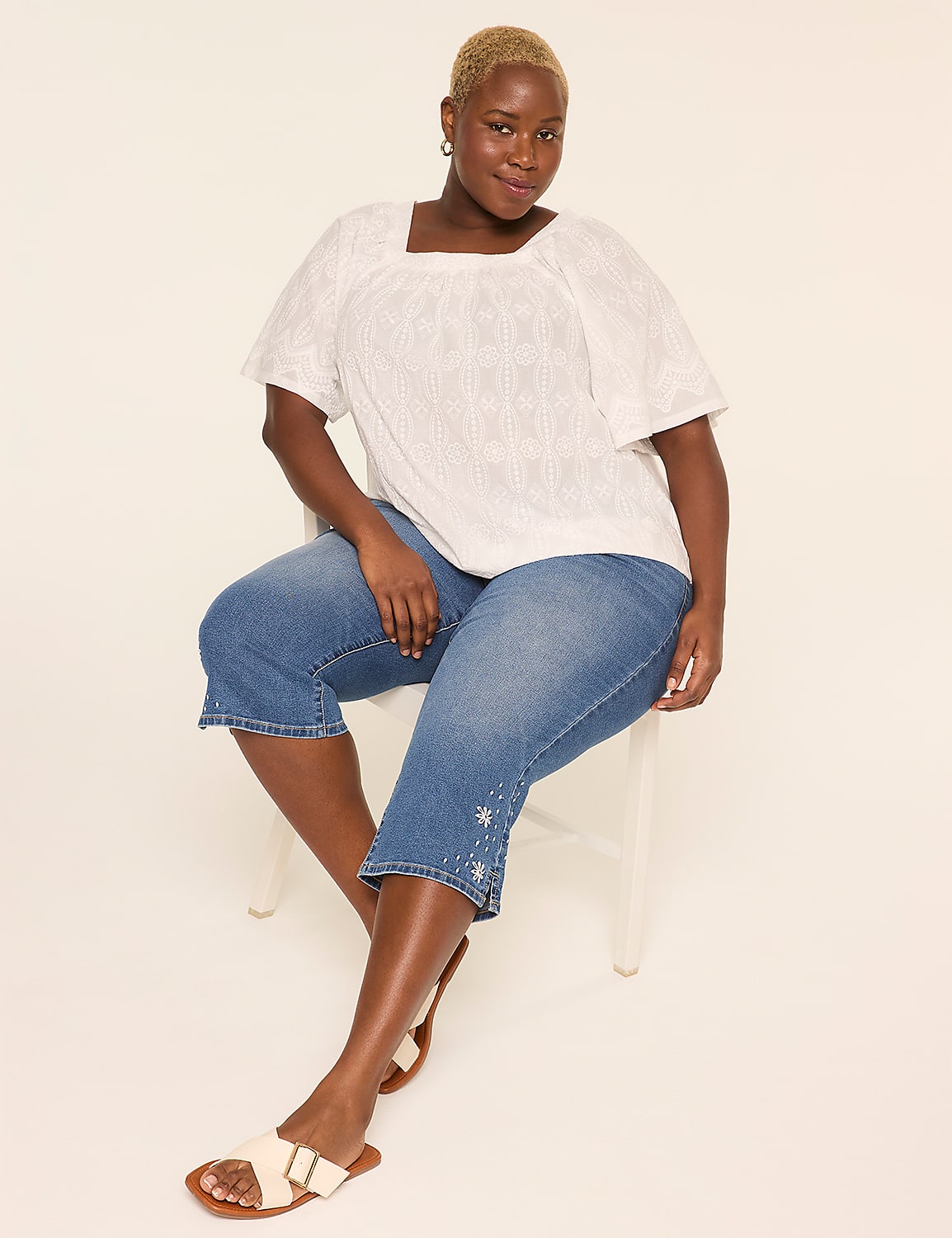 Short-Sleeve Square-Neck Eyelet Top Product Image 3