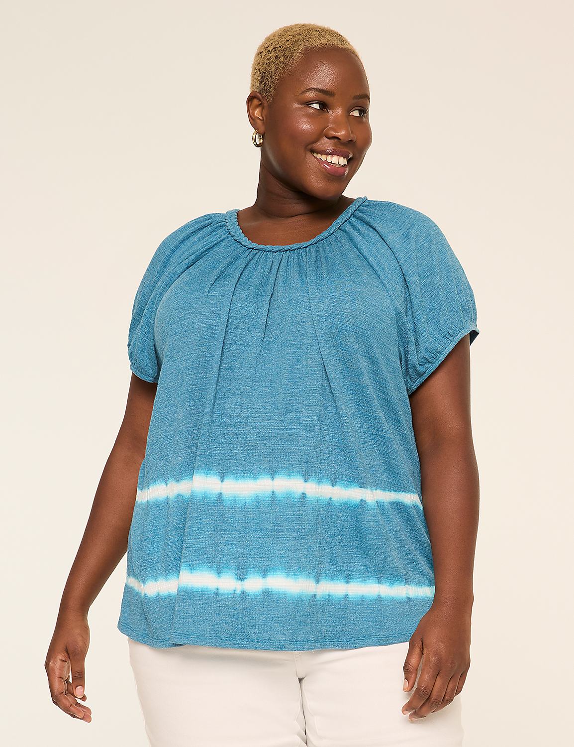 Short-Sleeve Braided-Neck Top Product Image 1