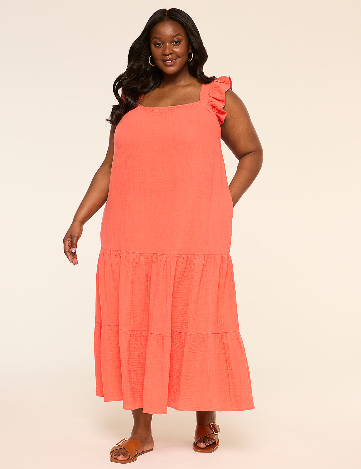 Ruffle-Sleeve Tiered Gauze Maxi Dress Product Image 1