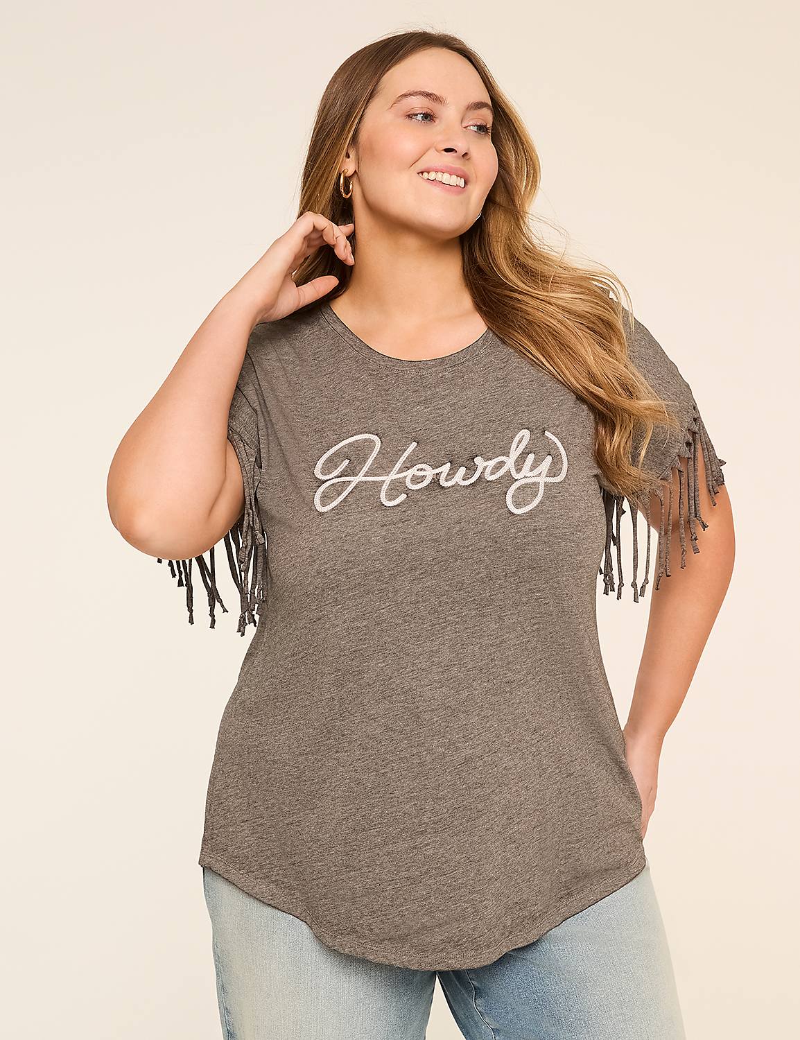 Fringed Dolman-Sleeve Howdy Graphic Tee Product Image 1