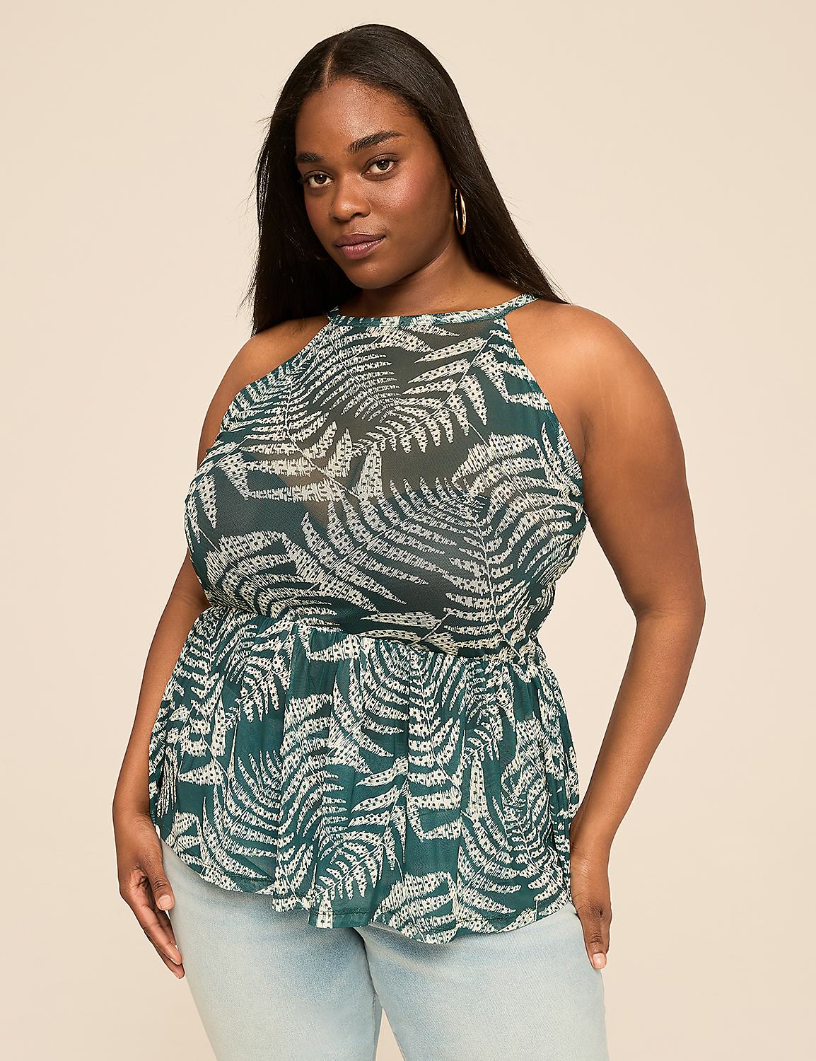 Mesh Halter-Neck Smocked Peplum Top Product Image 1