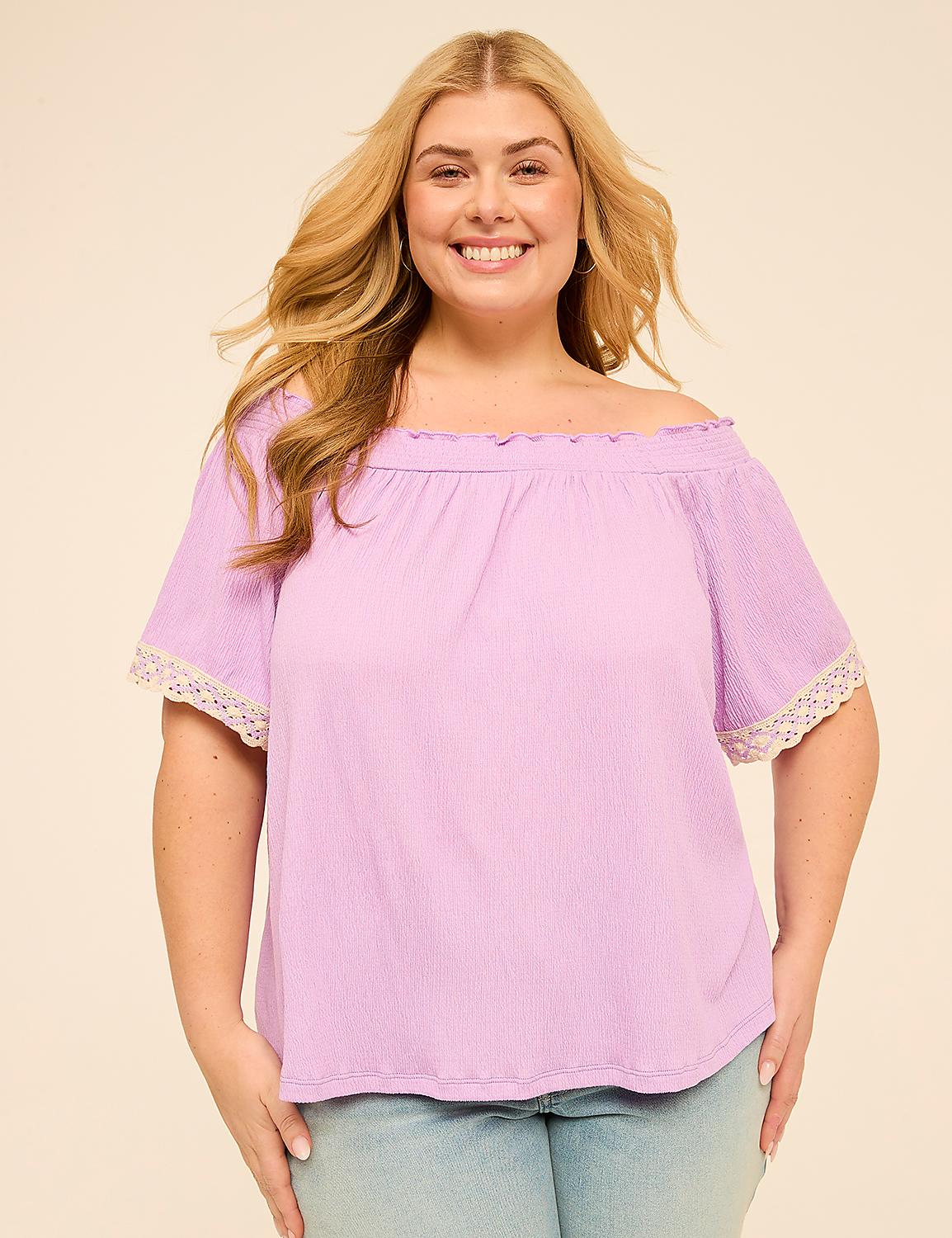 Off-The-Shoulder Crochet-Sleeve Top Product Image 1